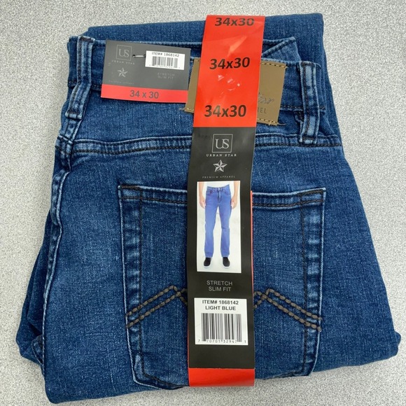 NEW US Urban Star Men's 34x30 Stretch Slim Fit Blue Denim Jeans Pants NEW - Picture 3 of 8